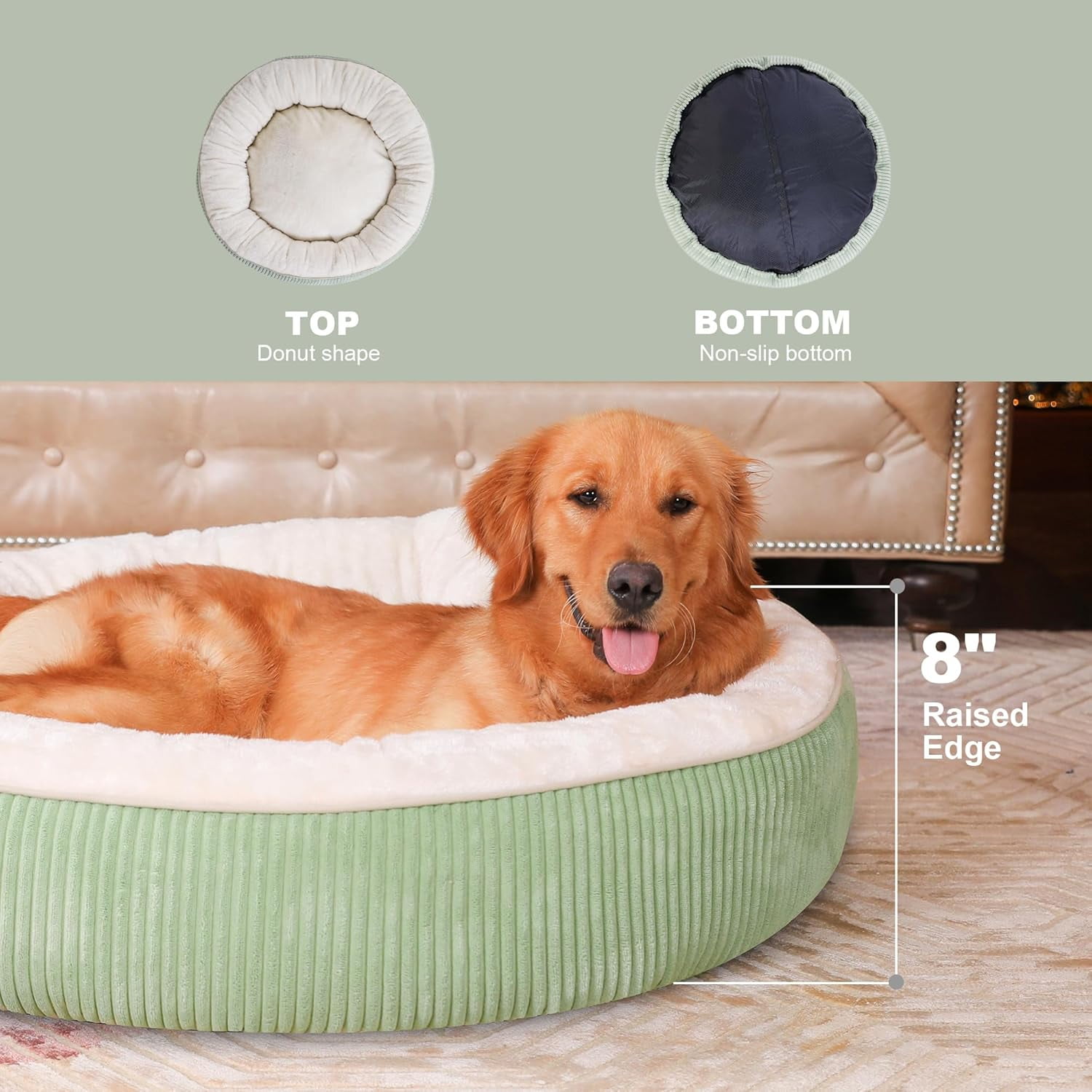 Donut Dog Bed,36 Inches Calming Round Dog Beds for Large Dogs,Washable Anti Anxiety Cuddler Dog Bed with Removable Cover(Sage Green,Large)
