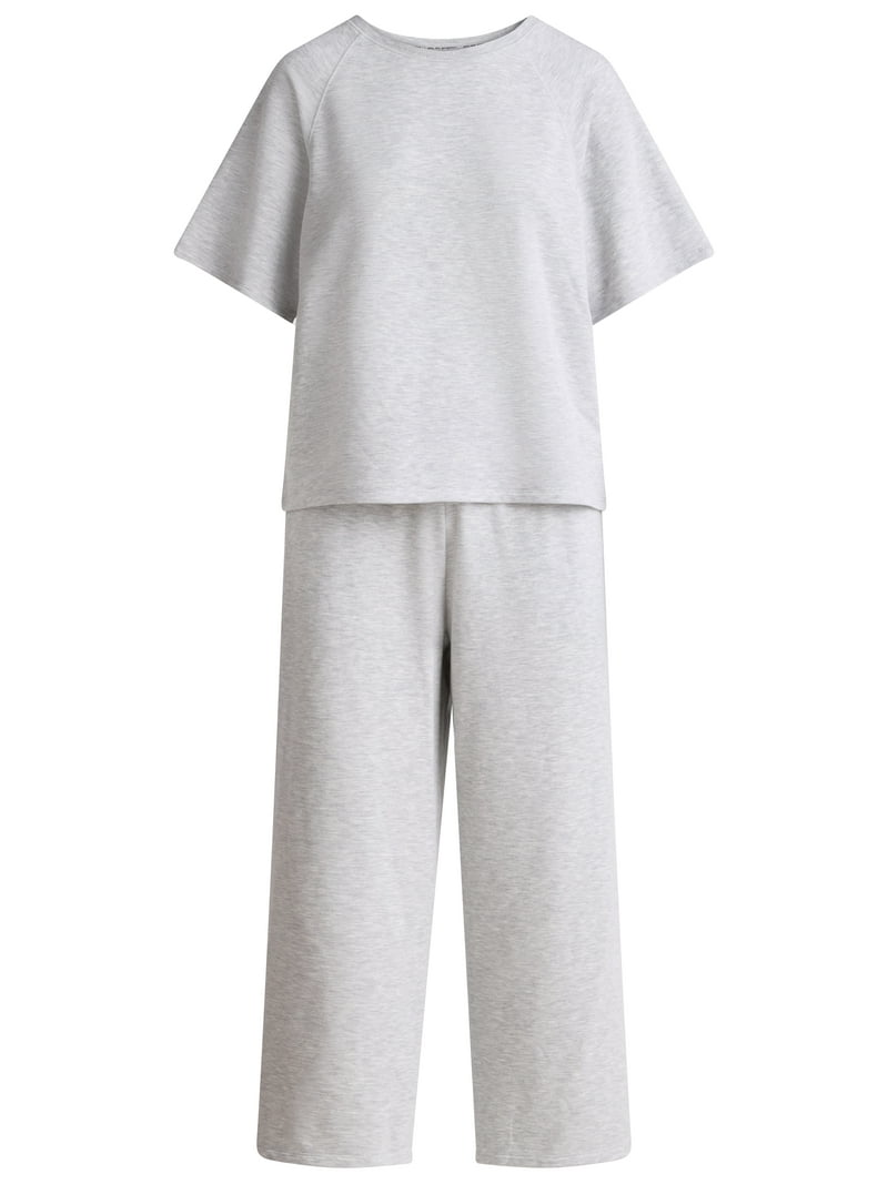 Joyspun Women's French Terry Top and Capri Pants Set, Short Sleeve