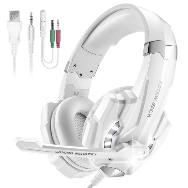 Audífonos gaming con cable, para PS5/PS4/PC/Xbox One, supraaurales con cancelación ruido y micrófono, LED, bajos envolventes, almohadillas suaves, laptop/Mac, blanco.