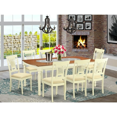 Dining Room Table Set 9 Piece - Linen Upholstered Chairs - 42x78 Inch Table - Buttermilk & Cherry Finish