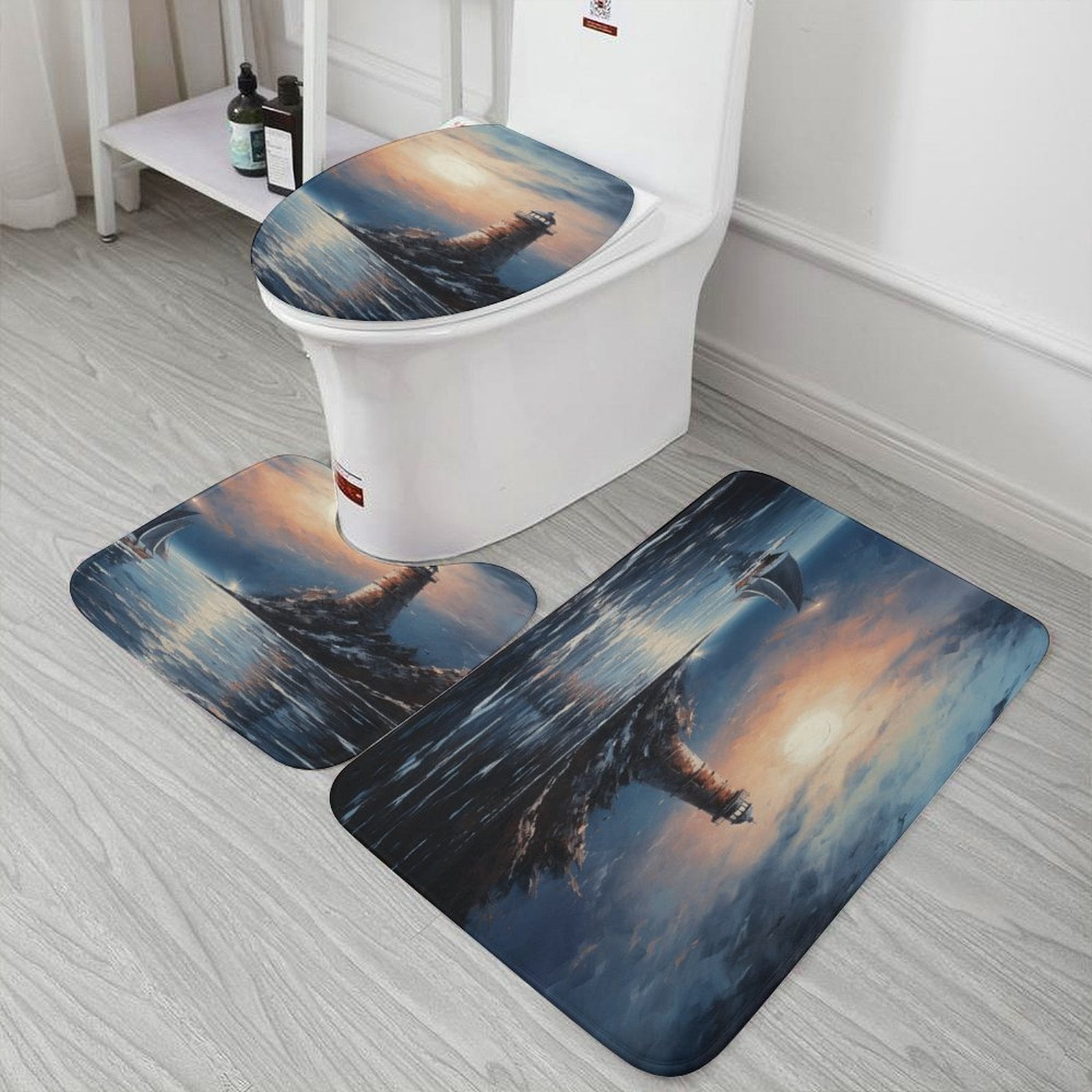 Lighthouse Coast Scenery Bathroom Mats Set 3-piece Bath Mats , Floor Rug Decorations for Kitchen Bathroom Bedroom