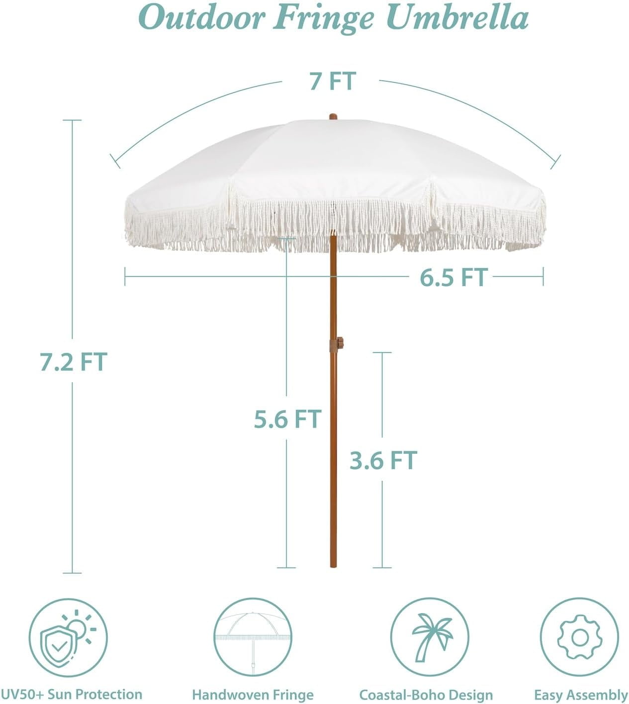 AMMSUN 7ft Fringe Patio Umbrella, Outdoor Table Tassels Umbrella with Push Button Tilt UPF50+ Shade Shelter,Cream White Camping Sun