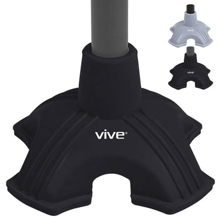 Vive Cane Tip – Self-Standing Quad Base Replacement for Walking Canes, Folding Canes & Tripod/Offset Quad Canes – 4-Prong Rubber Foot Pad, Black