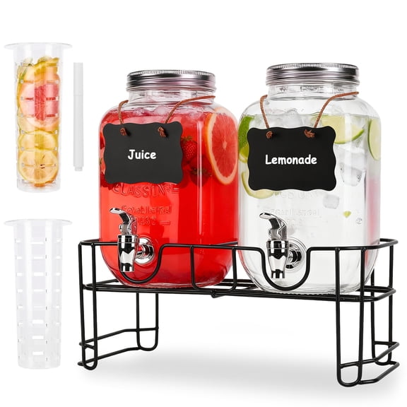 Yucurem 1.5 Gallon Glass Drink Dispensers, 2 Pack Beverage Dispenser with Metal Stand, Fruit Infuser and Spigot, Leakproof Water Jug Dispenser for Party, Wedding, BBQ, Picnic