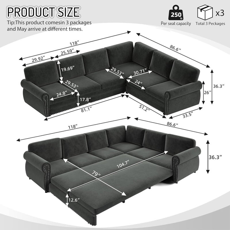 118" L-Shaped Convertible Sleeper Couch Bed, Chenille Upholstered Sectional Sofa with Pull-Out Sofa Bed, Modern Chesterfield Sofa for Living Room