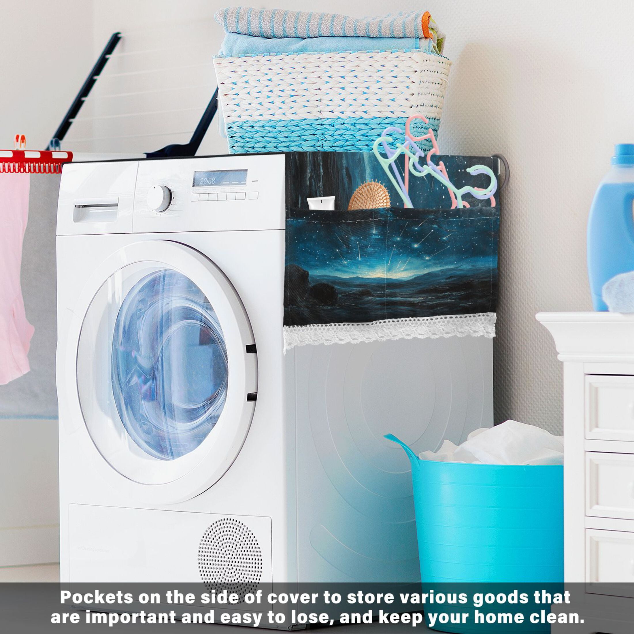 Starry SkyWasher and Dryer Covers Dust-Proof and Oil Resistant Fridge Cover with 4 Storage Pockets Washing Machine Top Cover for Laundry Kitchen Home 51.2 x 22 In