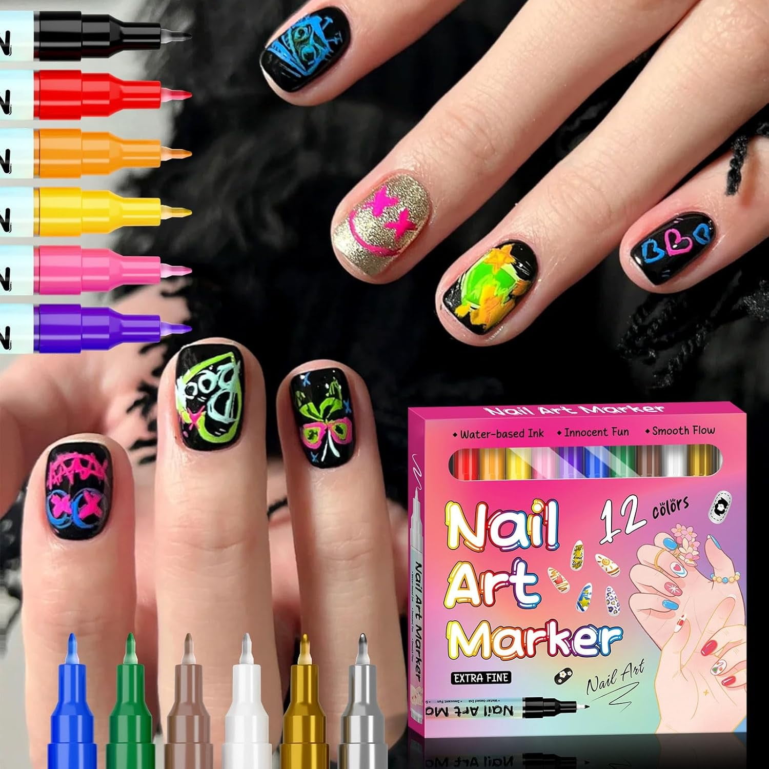 Waterproof Nail Art Pen,12/24 Color Quick Dry Nail Art Markers Set,0.5mm/0.01in Precision Tip,for Nails Art Design DIY Decoration