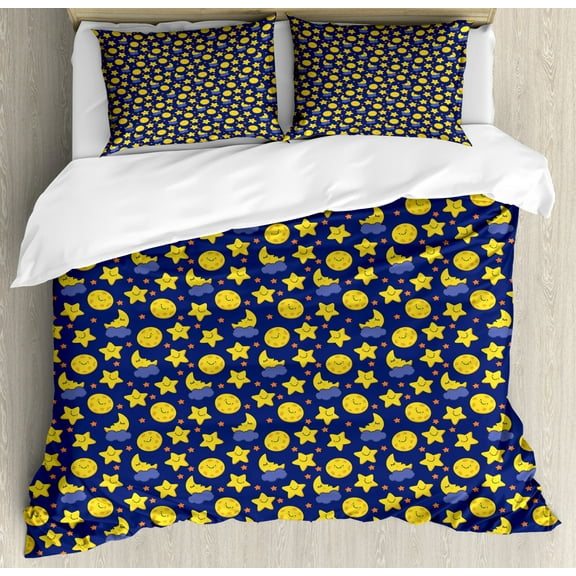 Baby Duvet Cover Set King Size, Funny Night Sky Chipper Moons and Stars Sleeping Time Abstract Cartoon, Decorative 3 Piece Bedding Set with 2 Pillow Shams, Yellow Orange Navy Blue, by Ambesonne