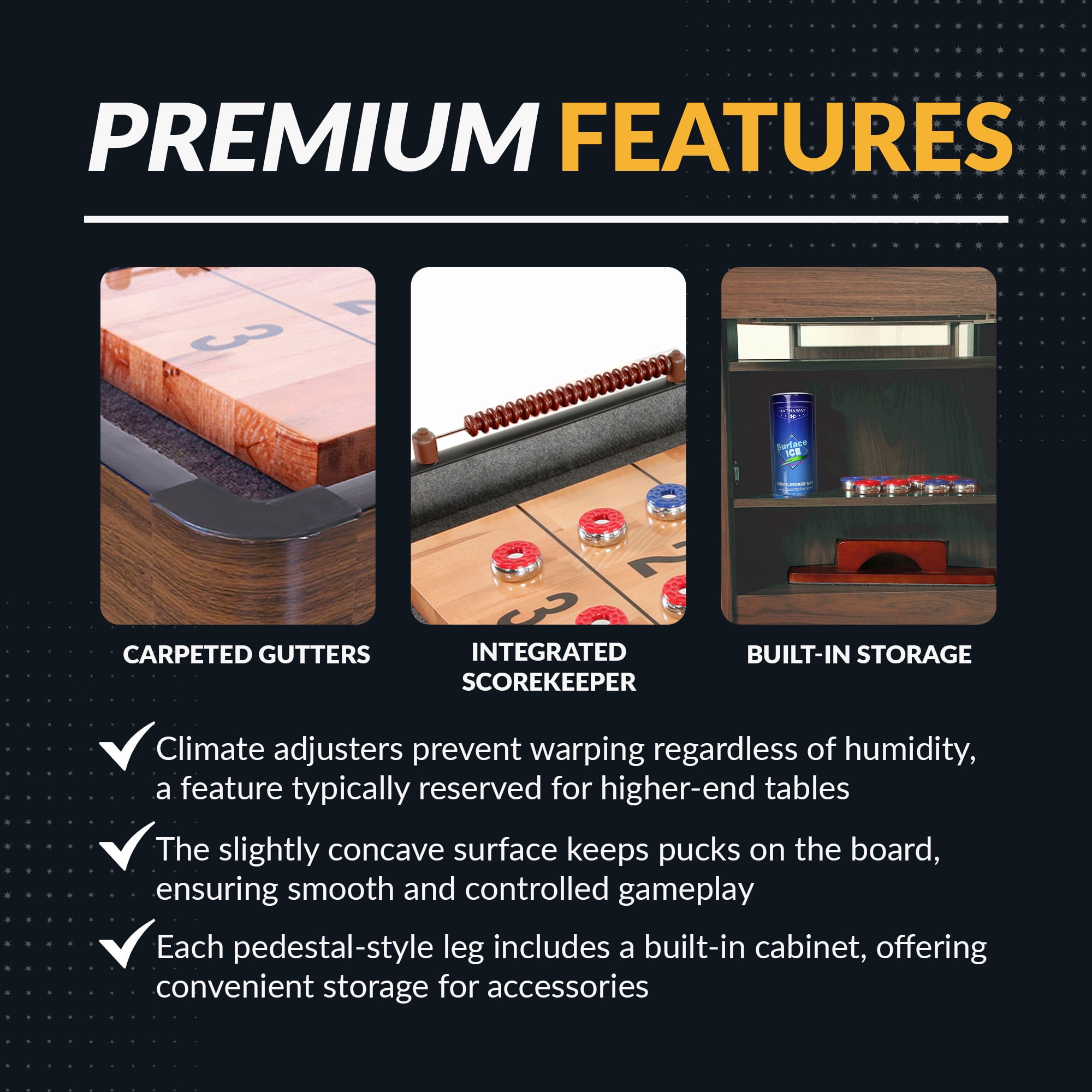 Hathaway Challenger Shuffleboard Table w Walnut Finish, Hardwood Playfield, Storage Cabinets