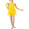 thumbnail image 1 of RUNQHUI Robe de Danse Latine à Franges pour Filles, Robe de Patinage Artistique Salsa Tango avec Gants Jaune 110, 1 of 5