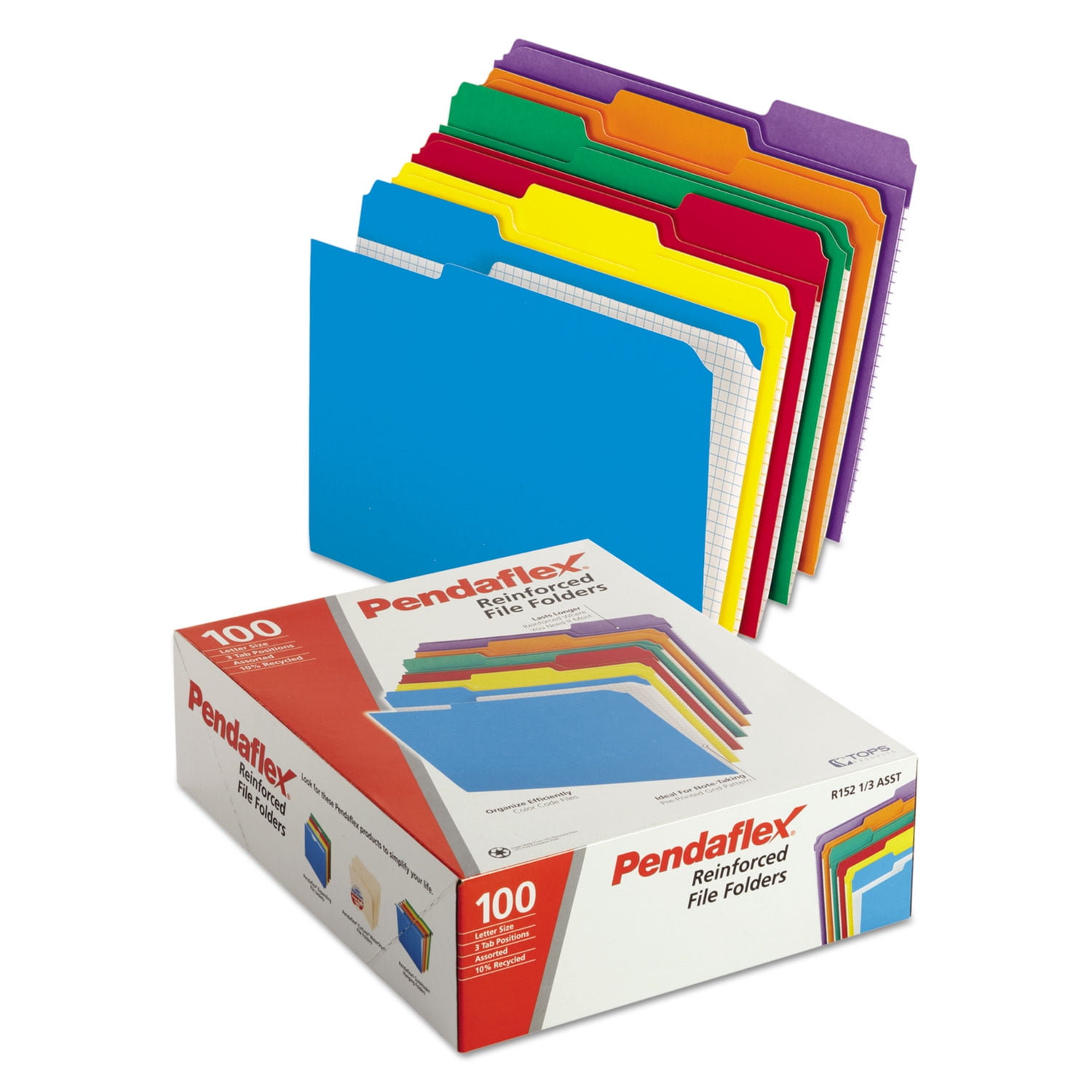 Pendaflex Reinforced File Folder, Letter Size, 1/3 Cut Tabs, Assorted Colors, Pack of 100