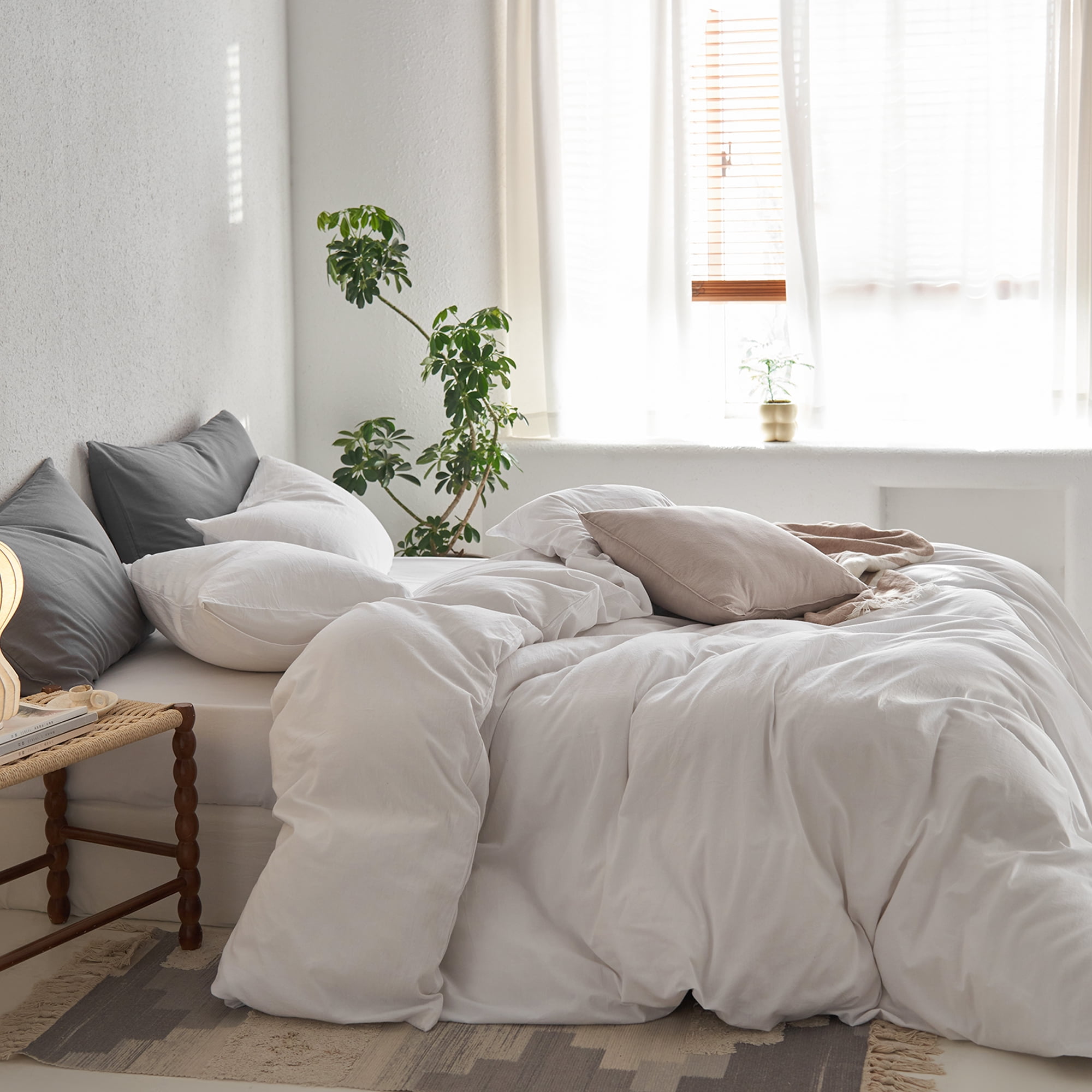 MooMee Duvet Cover Set Queen 100% Washed Cotton Twill Ultra-Soft Breathable Linen Like 3-Piece (Bright White, 90"x90")