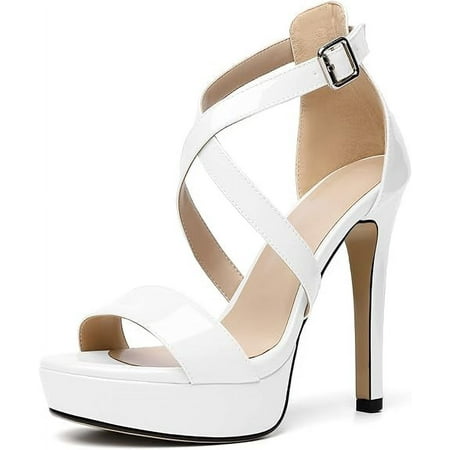 

hotio 2024 Women Cross Strappy Peep Open Toe Sandals Platform Ankle Strap Stiletto High Heel Dress Shoes Wedding Patent 4.7 Inch Sandals