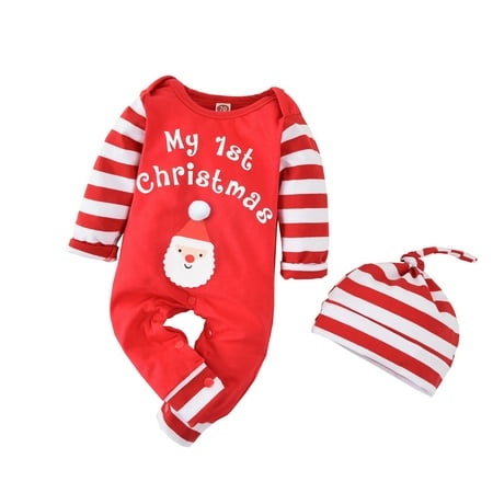 

Michellecmm Christmas Outfit for Baby Boy Girl Striped Santa Romper Bodysuit Jumpsuit with Hat My 1st Christmas