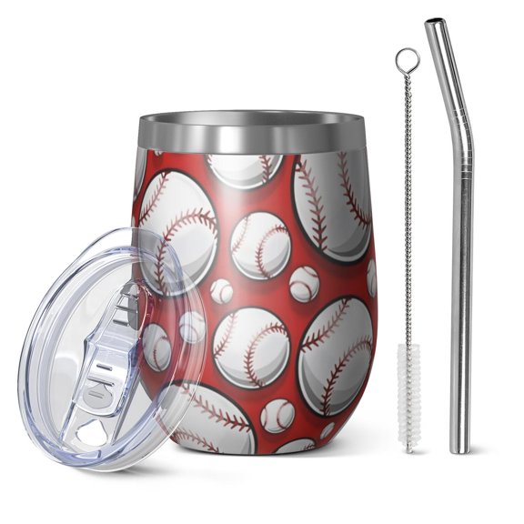 12oz Stemless Wine Tumblers Red Baseballs Pattern Vacuum Insulated Stainless Steel Travel Tumbler Cups Mug with Lid and Straw for Champaign,Cocktail,Beer with Cleaning Brush