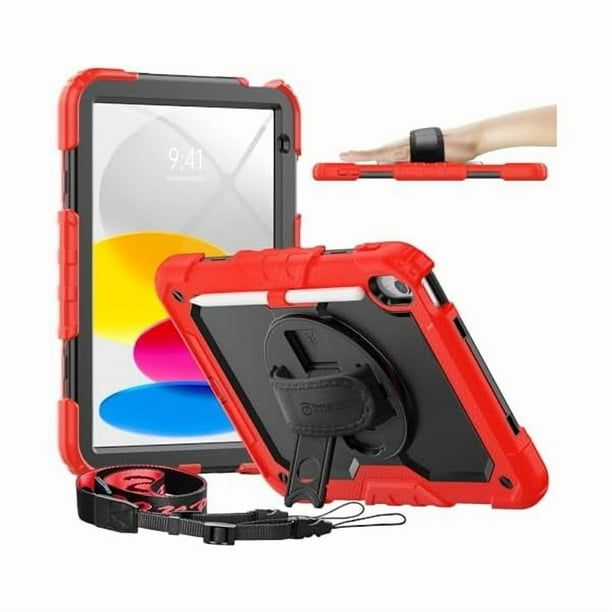 wonima44 timecity for iPad (A16) 11th/ 10th Generation Case 11''/ 10.9 Inch (2025/2022) - Heavy Duty Protective Cover with Screen Protector, Stand, Shoulder Strap & Pencil Holder | Kids-Friendly - Red
