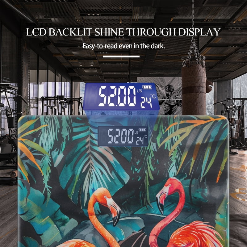 Bathroom Scale, Highly Accurate Digital Body Scale,Precisely Measures Weight up to 400 lbs-Tropical Jungle, Two Pink Flamingos In Black Background
