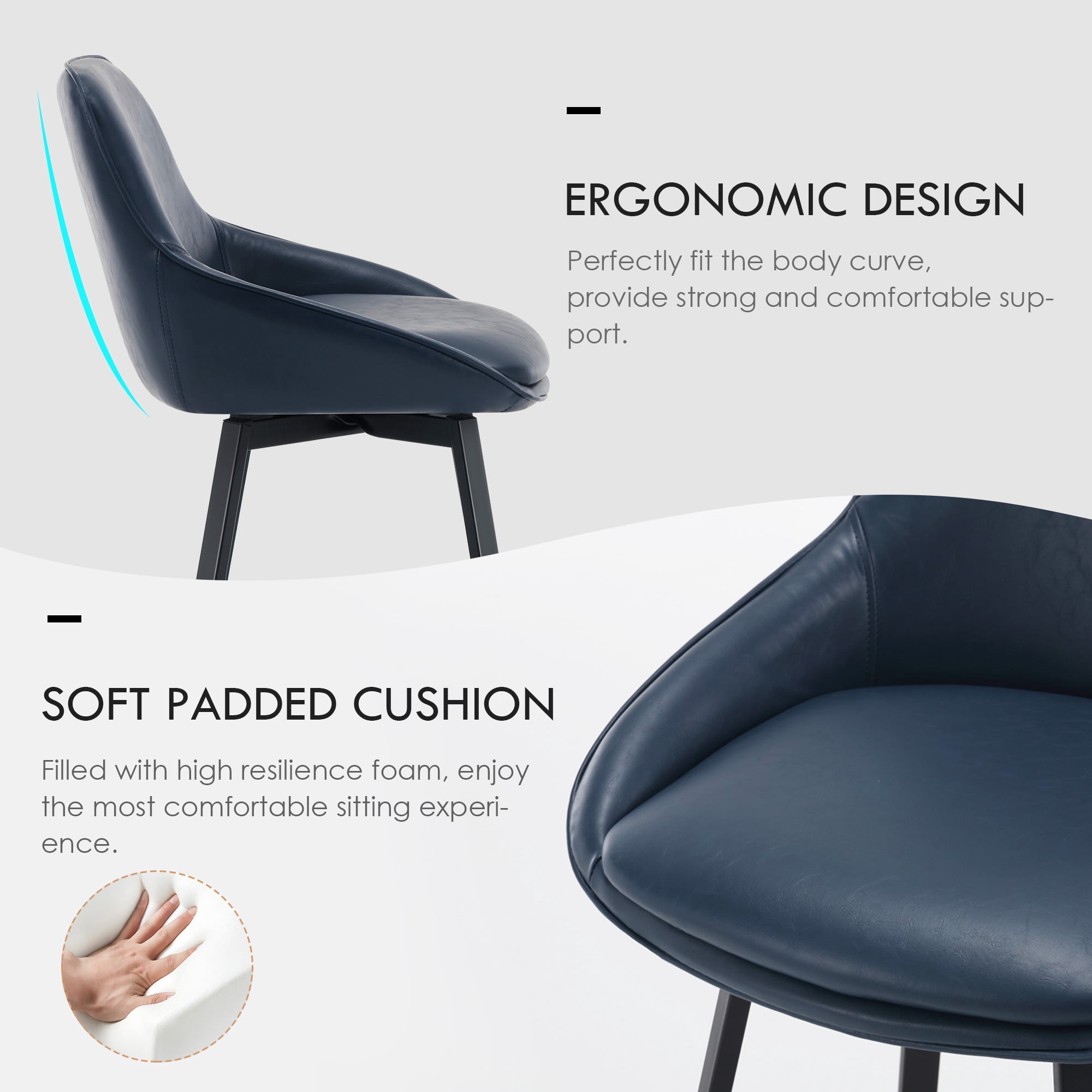 Zesthouse 25.6" Swivel Counter Height Bar Stools Set of 2, Modern Counter Height Chairs with Backs and Metal Legs, Upholstered Faux Leather Barstools for Kitchen Island, Blue