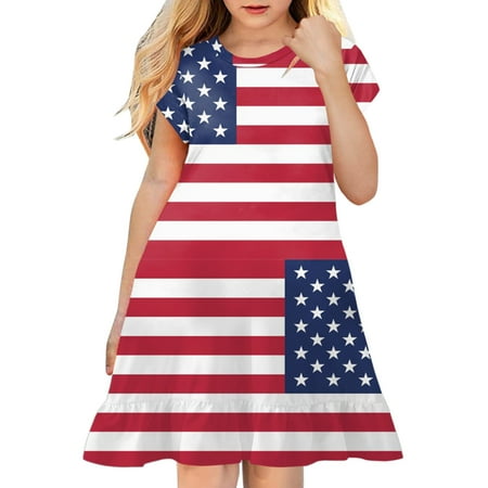 

Kids Toddler Baby Girl Dress Spring Summer Print Ruffle Short Sleeve Active Fashion Daily Indoor Outdoor American Independence Day Baby Girl Clothes