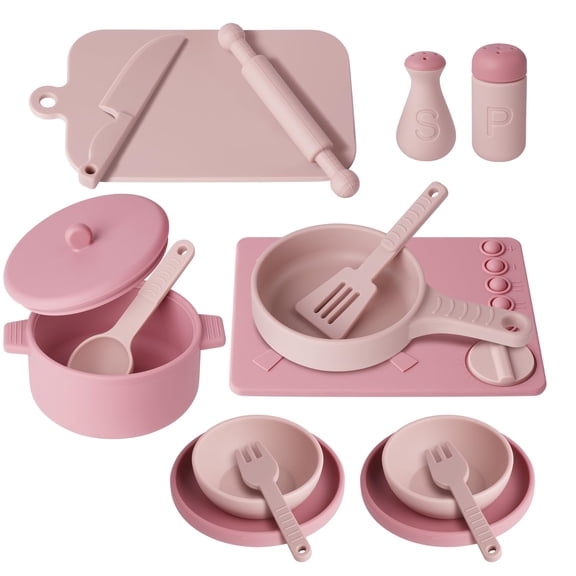 HYPERLIVING Silicone Pretend Play Kitchen Accessories Set, 16pcs Cooking Cookware Pots and Pans Playset, Kids Kitchen Set, Educational Gift Toy for Kids Age 3-8