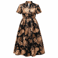 thumbnail image 4 of Women's Vintage Gold Peony Satin Midi Dress Mandarin Collar Short Puff Sleeve Hidden Pockets A-Line Dress, 4 of 6