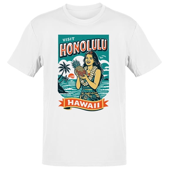 Smartprints Honolulu Hawaii Retro Sunset T-Shirt White, Cotton, S