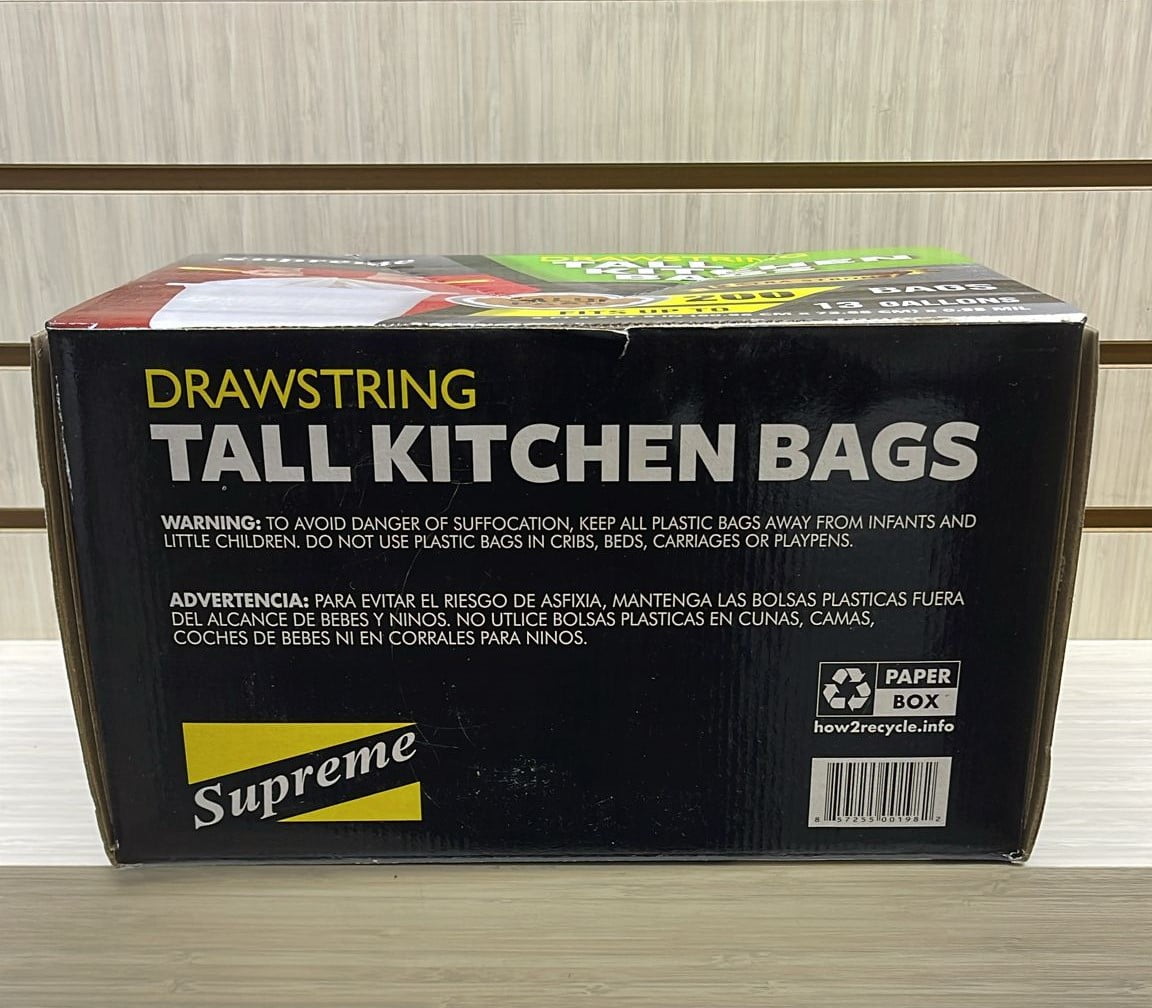 Supreme Tall Kitchen Drawstring 13-Gallon Trash Bags, 200 Bags