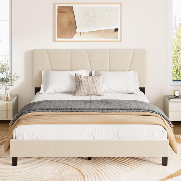 Yeshouse Marco de cama con cabecera ajustable, moderno marco de cama doble tapizado en lino con plataforma y soporte de listones de madera, no necesita somier