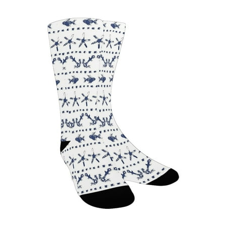 

Navy Blue Decor Navy Yatch Themed Design with Fish Starfish and Anchor Nautical Print Navy and White Custom Socks for Women