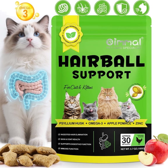 Oimmal Cat Hairball Remedy Treats, Crunchy & Creamy Chews, Cat Furball Treatment with Psyllium Husk, Supports Skin & Coat, Digestion Heath, Chicken Flavor (30-Day Supply) 100g