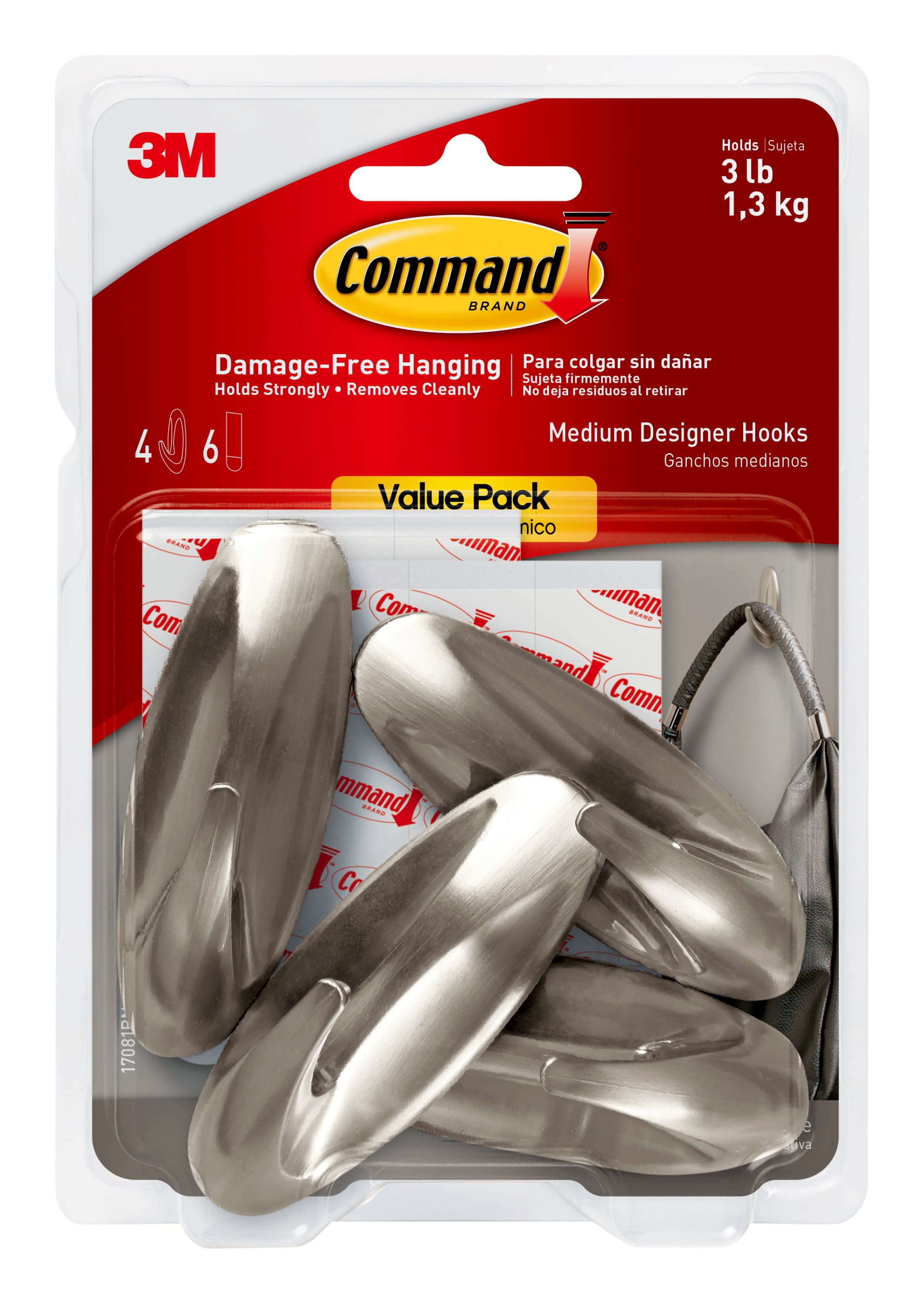 Command Medium Designer Hooks, Brushed Nickel, 4 Wall Hooks
