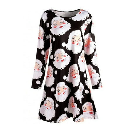 Large Size Women's Funny Xmas Long Sleeve Round Neck Santa Print Short