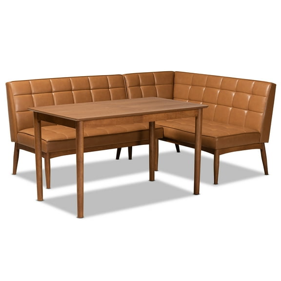Mid-Century Modern Dining Set - Rectangular TableBench - Faux Leather - Walnut Finish - 3 Piece Set
