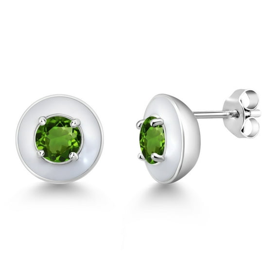 Gem Stone King 1.00 Ct Round 5mm Green Chrome Diopside 925 Sterling Silver White Enamel Stud Earrings for Women Men