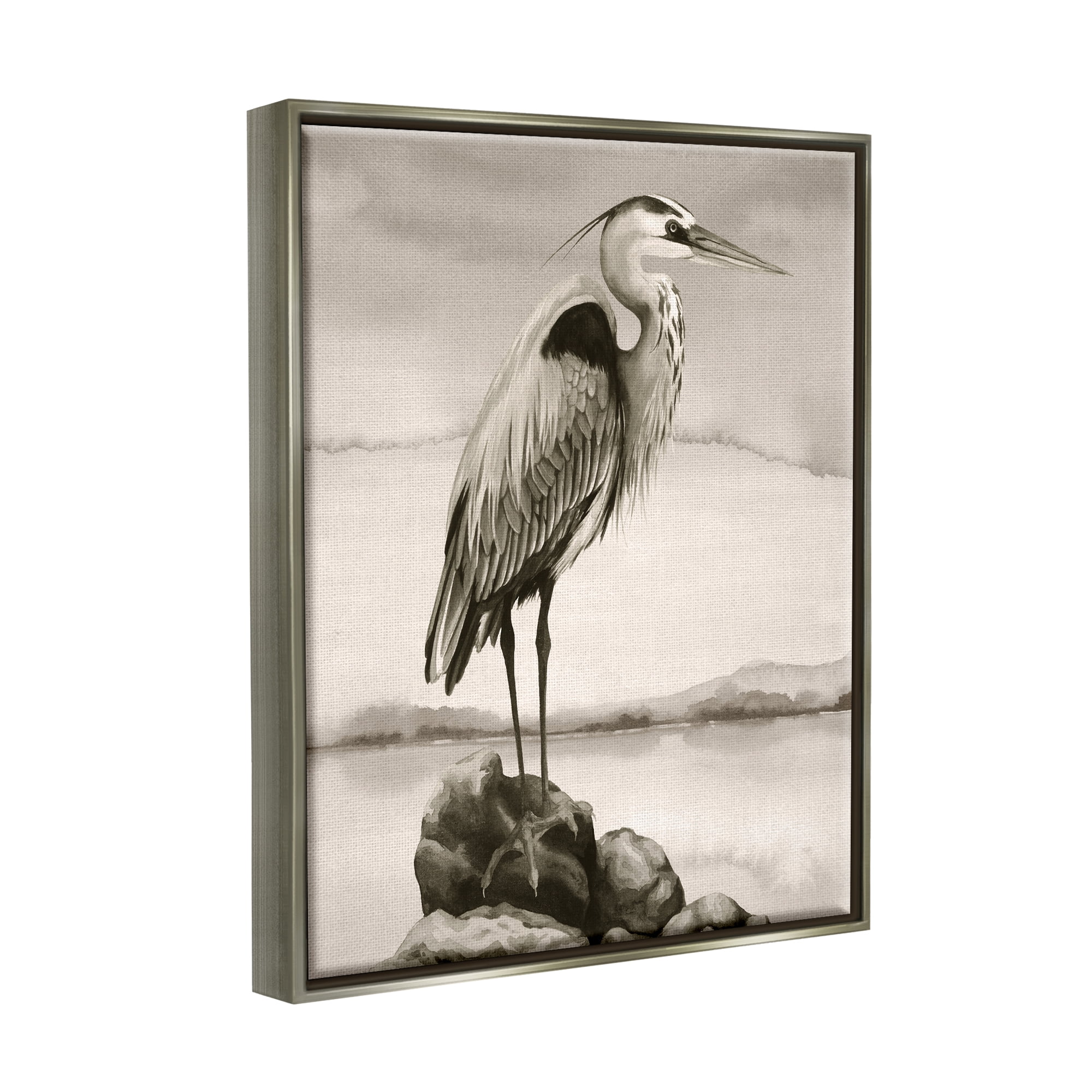 Stupell Industries Heron Perched at Sea Animals & Insects Painting Gray Floater Framed Canvas Art Print Wall Art, 17 x 21