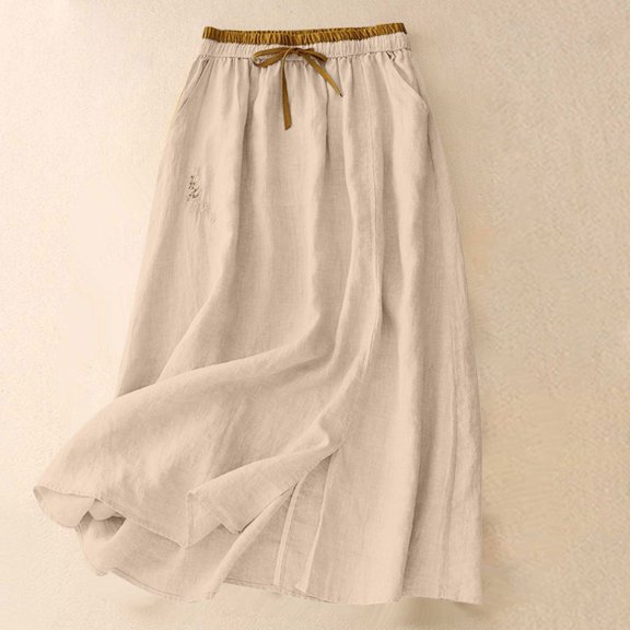 Gamivast Linen Skirts for Women Trendy Elastic Waist with Drawstring Pockets Vintage Floral Embroidered Flowy Skirt Casual Loose A Line Maxi Skirt Daily Wear