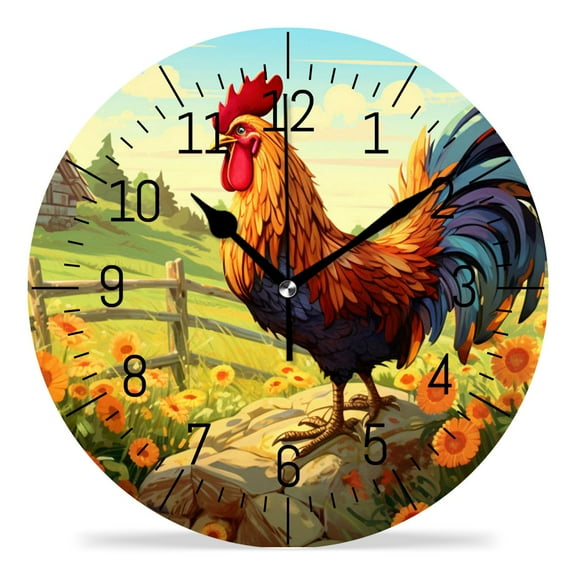 12 Inch Wall Clock Battery Operated Silent Clock Decorative for Office, Kitchen, Outdoor, Living Room，Cartoon Rooster Sunflower Farm Elegant