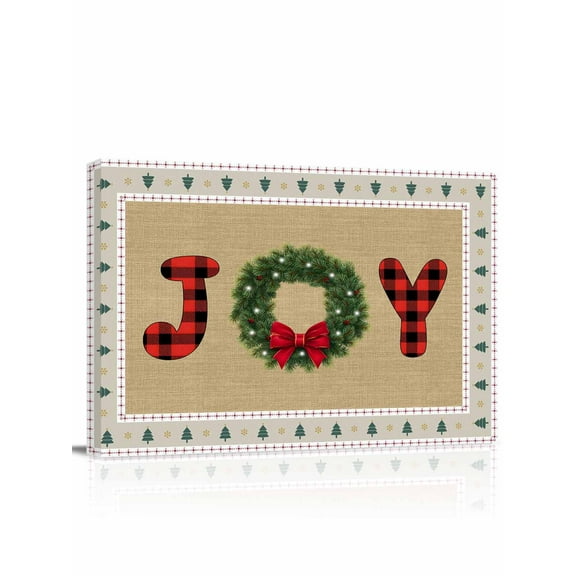 Joy Christmas Garland Canvas Print Wall Art Xmas Tree Vintage Linen Winter Pictures Painting Morden Artwork for Living Room Bedroom, Ready to Hang - 12"x16"