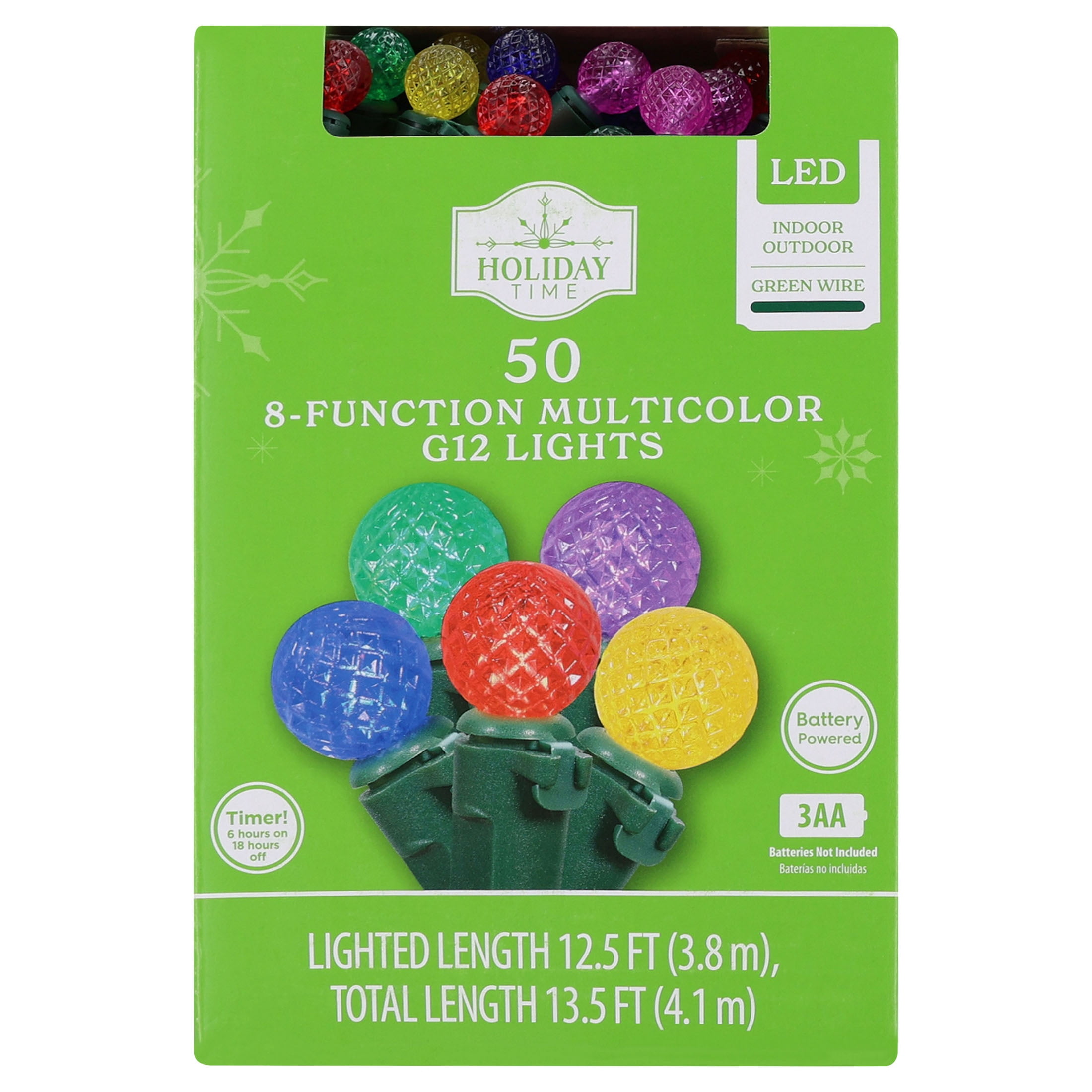 Indoor/Outdoor 50-Count LED 8-Function Mini Christmas String Lights, Multicolor, Green Wire, 12.5', by Holiday Time