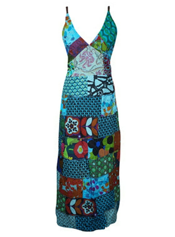 Mogul Womens Patchwork Dress, Blue Skies Strap Maxi Dress S/M