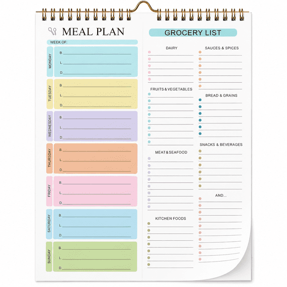 Weekly Meal Planner Notepad with Grocery List, 50-Sheet Magnetic Menu Planner with Tear-Off Shopping List, Twin-Wire Binding and Wall Hanger, 8.5" x 11"