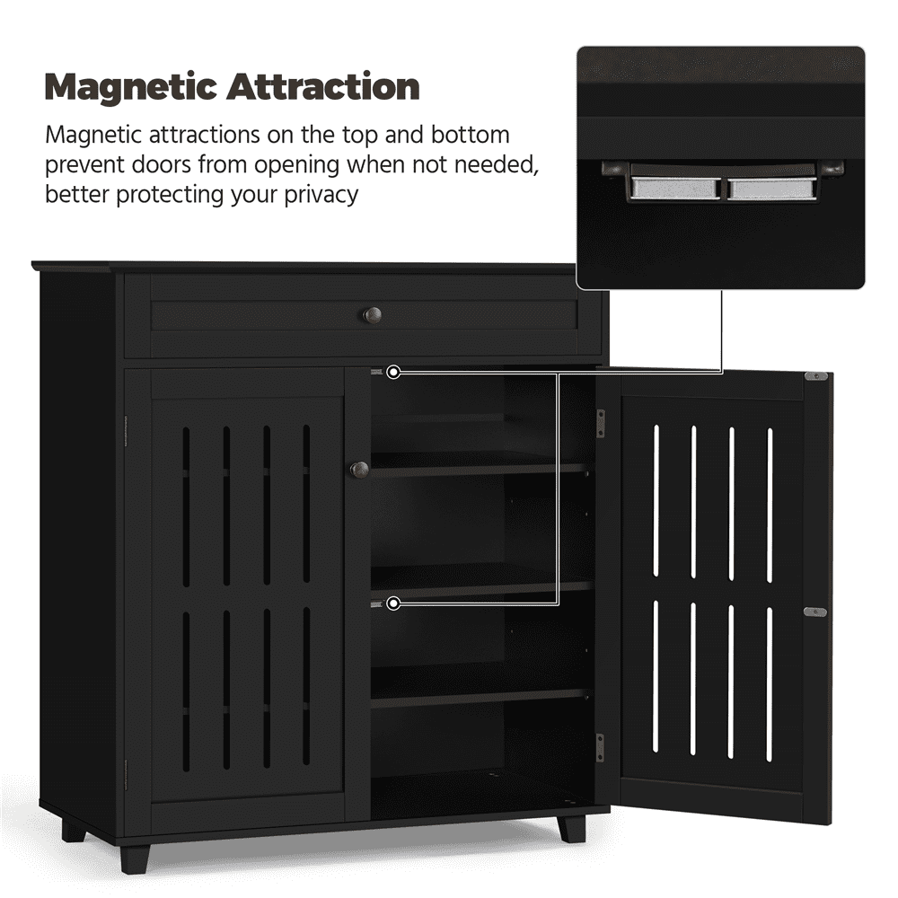 Alden Design 4 Tier Wooden Shoe Storage Cabinet with 1 Drawer for Entryway, Black