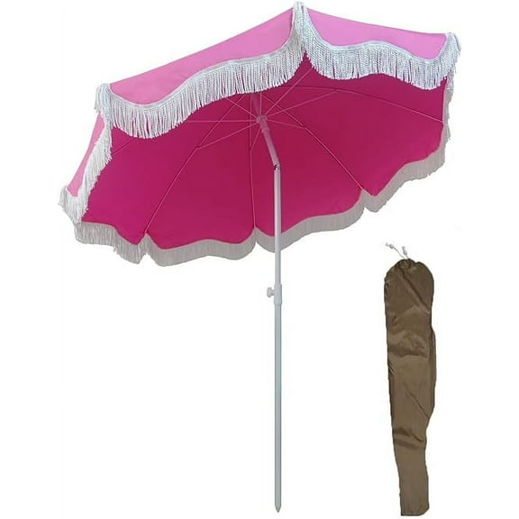 Beach Umbrella with Fringe 6ft Pink Boho Patio Umbrella UV50  Sun Protection, Tiltable & Waterproof