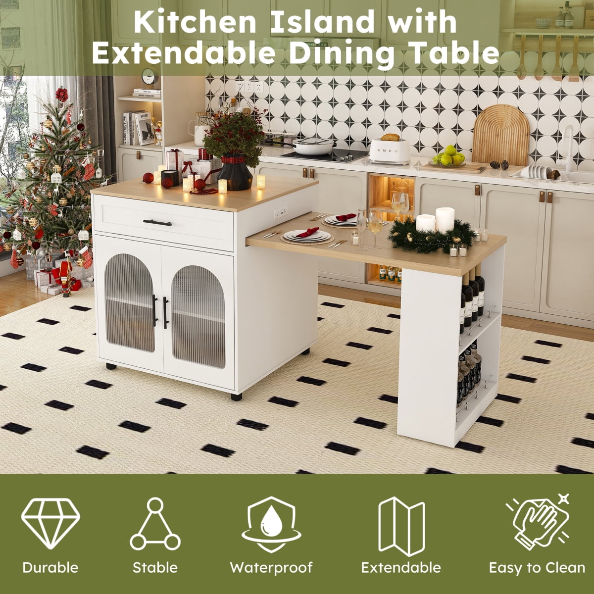80" Kitchen Island with Extendable Dining Table, Rolling Kitchen Table with Power Outlet, Kitchen Storage Cart with Cabinet & 2 Drawers, White