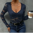 thumbnail image 7 of JGGSPWM Women's Sheer Floral Lace Long Sleeve Bodysuit: V Neck Slim Fit Bottom Shirts for Elegant Comfort Navy S, 7 of 7