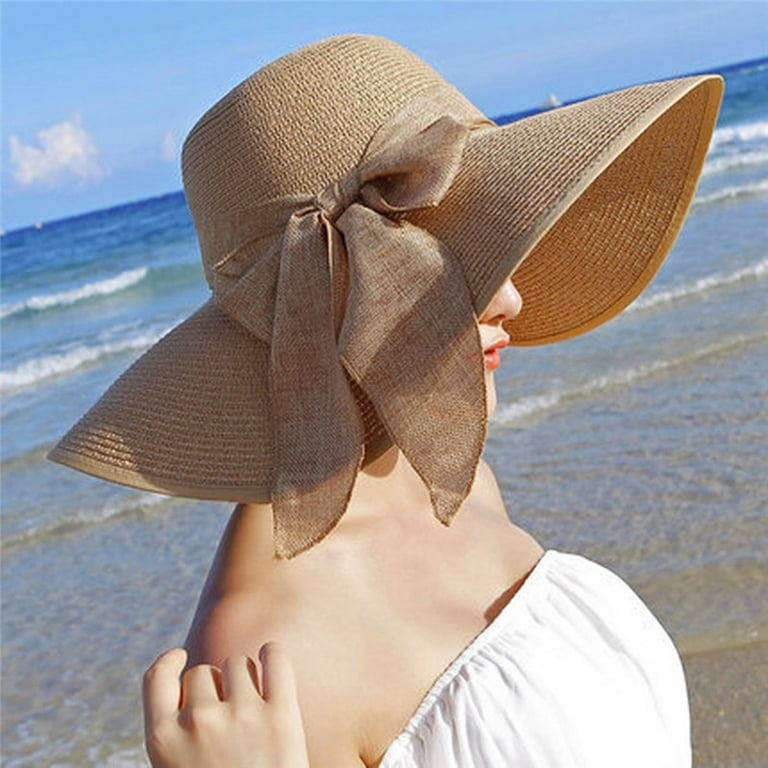 Sun Hat Women Big Brim Straw Hat Sun Floppy Wide Brim Hats New Bowknot Folding  Beach Cap Hats For Women Paper Khaki 