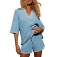 thumbnail image 2 of Womens Sweater Set 2 Piece Outfits Oversized 3/4 Sleeve V Neck Knit Tops High Waisted Shorts Lounge Sets Blue M, 2 of 8