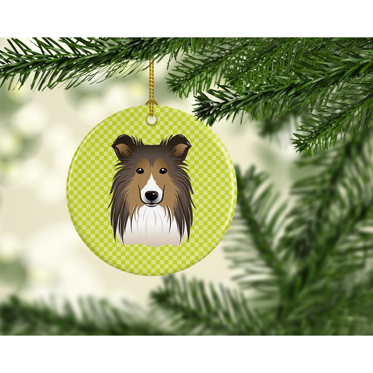 Carolines Treasures Checkerboard Lime Green Sheltie Ceramic Ornament 3 in multicolor