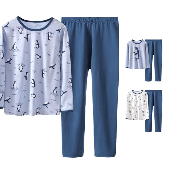RUTAYY Boys Pajama Set Long Sleeve Crew Neck Long Pants Cartoon Ski Penguin Graphic Children Loungewear Sky Blue
