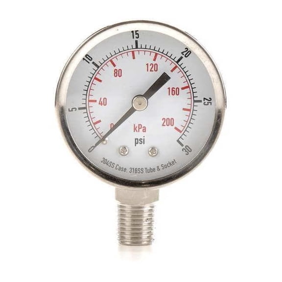 Commercial Pressure Gauge, 0 to 30 psi, 2 in Dial, 1/4 in NPT, Bottom Location